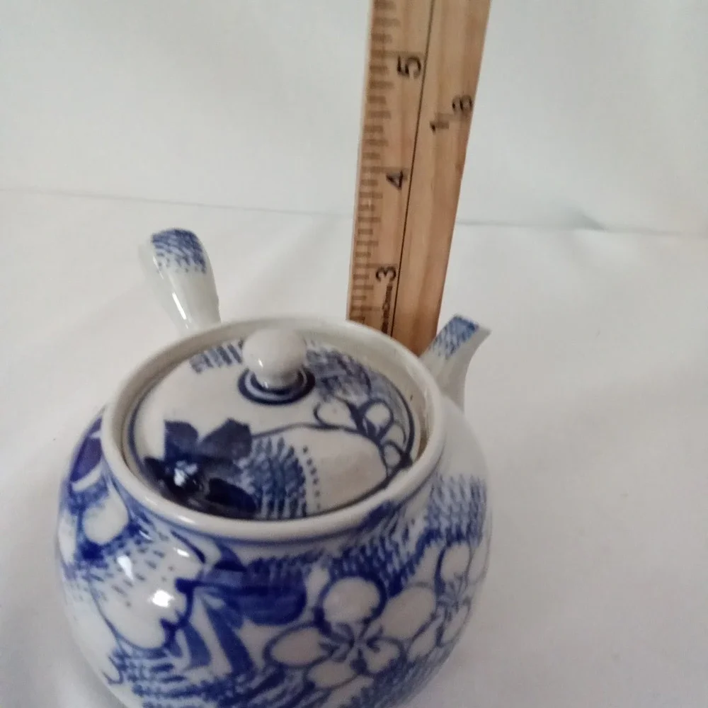 Japanese Kyusu Side Handle Teapot Blue White Floral Bamboo Ceramic Tea Pot 3.5in